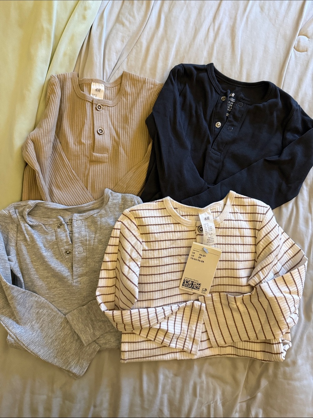 H&M Kids Henley Long Sleeve Tops - charcoal, Tan, grey, Brown striped- 2T